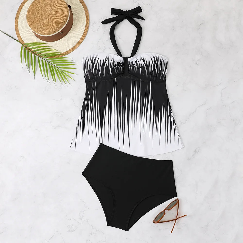 Women's Bathing Suit Two Pieces Halter Striped Print Tankini Set Summer Sexy Beach Wear High Waisted Swimwear Women Swimsuit XXL