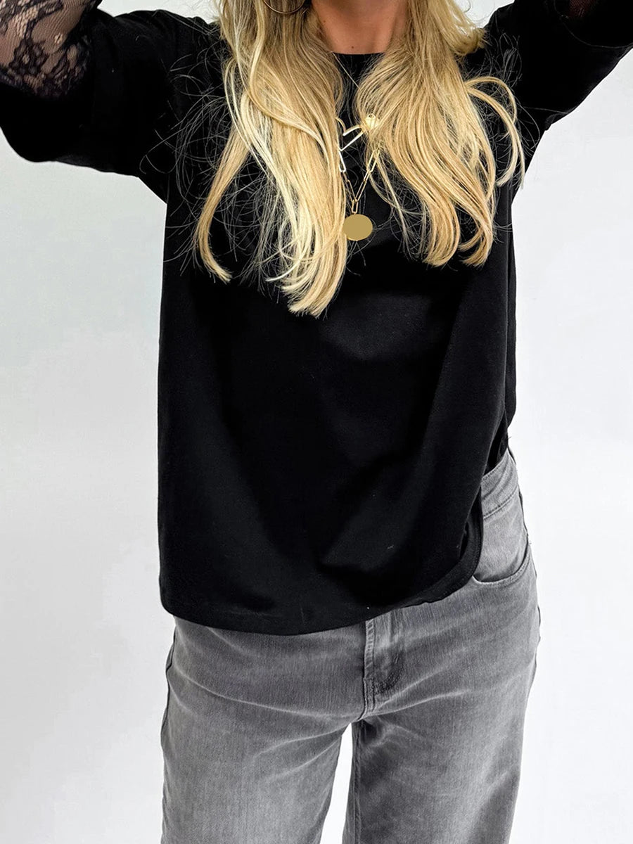 Women Round Neck T-Shirt Lace Long Sleeve Casual Shirts Spring Fall Loose Fit Tops Ladies Solid Color Tee for Streetwear Y2K 00s