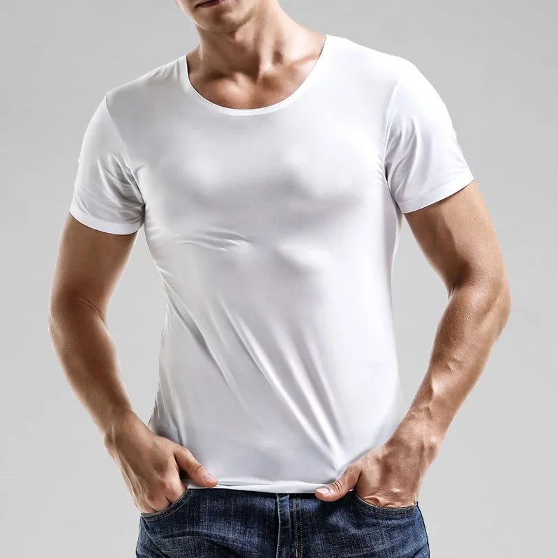 5PCSSummer Ice Silk seamless men's short-sleeved white T-shirt with round neck half-sleeved top  thin base layer  slim underwear
