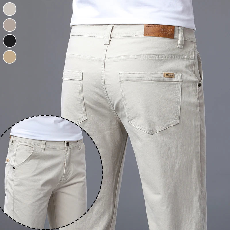 Classic Straight Men's Jeans Spring New Fashion Business Work Casual Trousers Comfort Elastic Solid Color Denim Pants