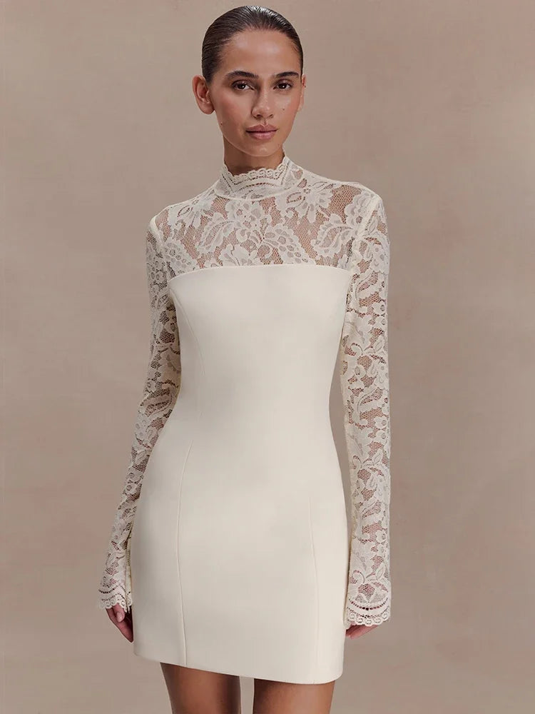 Women Elegant Lace Patchwork Sexy Mini Dress Fashion High Neck Long Flare Sleeve Backless Bodycon Club Party Dresses