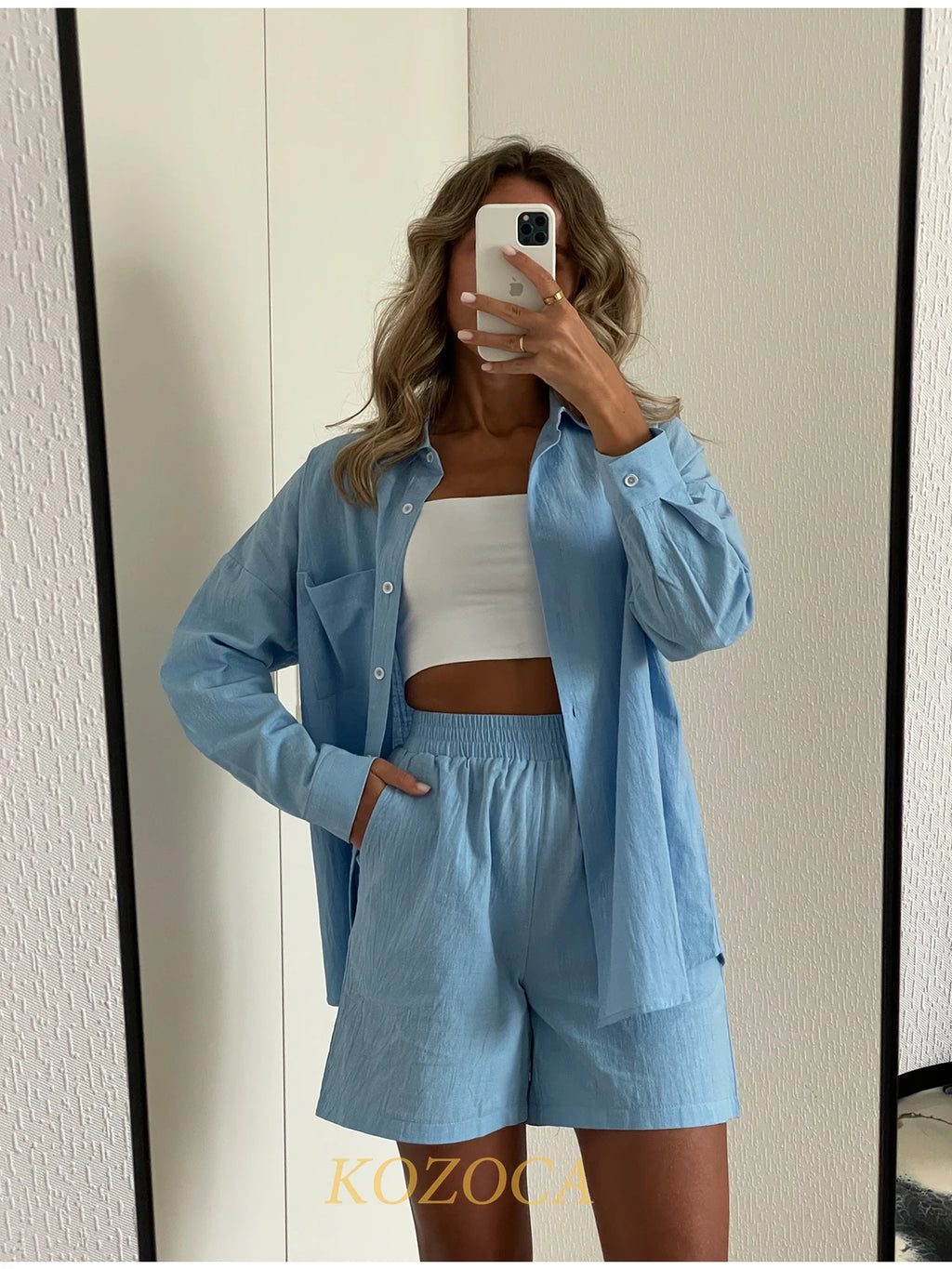 Summer Two Piece Set Women Shorts Suit Green Lapel Long Sleeve Shirts Sets Female Elegant Casual High Waist Pants Lady Outfits