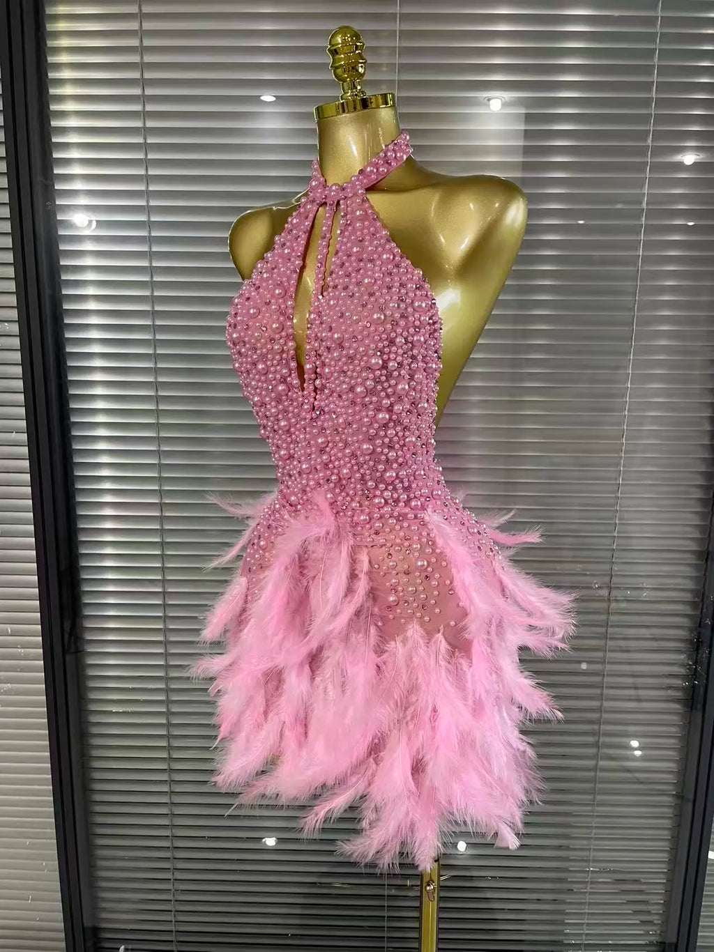 Shining Beading Women Sexy Halter Backless Feathers Bodycon Mini Dress Nightclub Party Celebrate Birthday Photoshoot Outfit