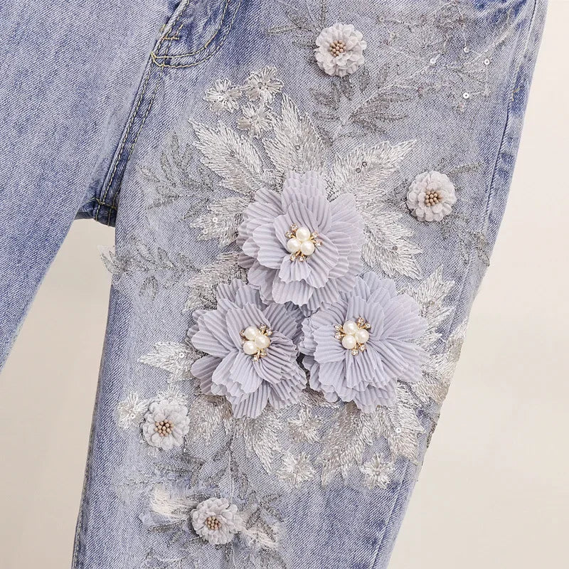 Two-Piece Suit 2025 Summer New Women Denim Pants Beading Embroidery Tshirt Tops+ High Waist Hole Jeans Female Casual Outfits