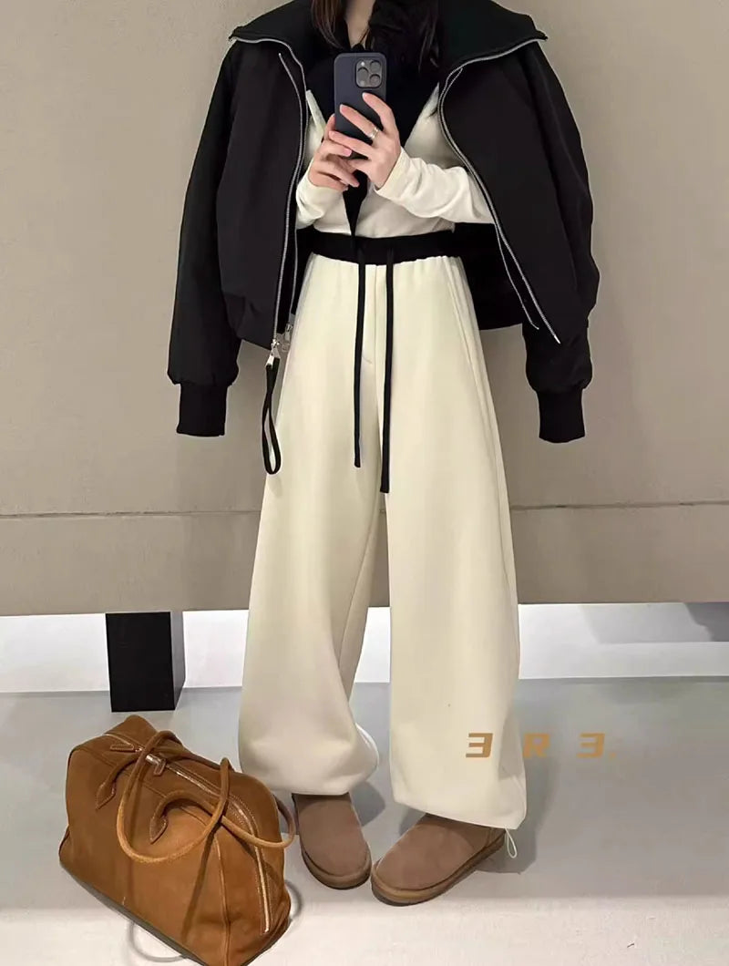 Women Drawstring Baggy Sweatpants High Waist Loose Wide Leg Curved Trousers Casual Soft Streetwear Jogger Pants for Daily Wear