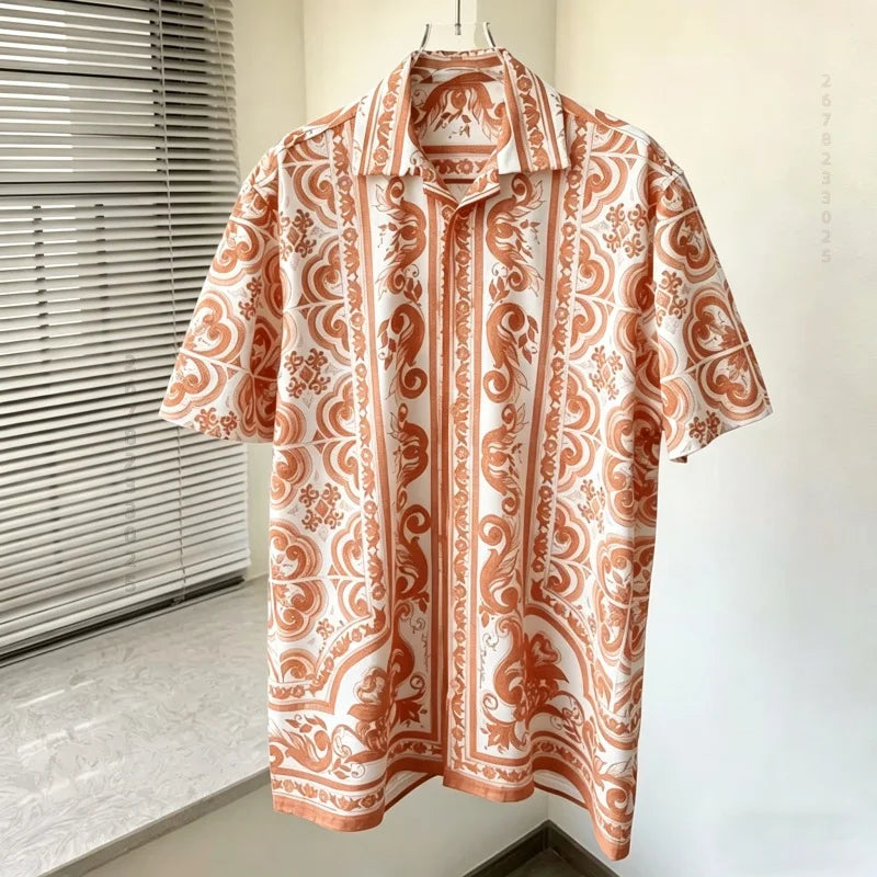 Men's shirts, summer Baroque printed shirts, loose oversized retro short sleeved shirts, vacation style versatile men's tops