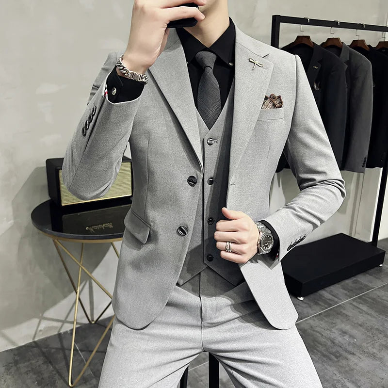 Blazer Vest Pants Men's Navy Blue Suit Set Slim Fit Blazer Vest Pants Formal Outfit for Business Wedding Office Groom Party