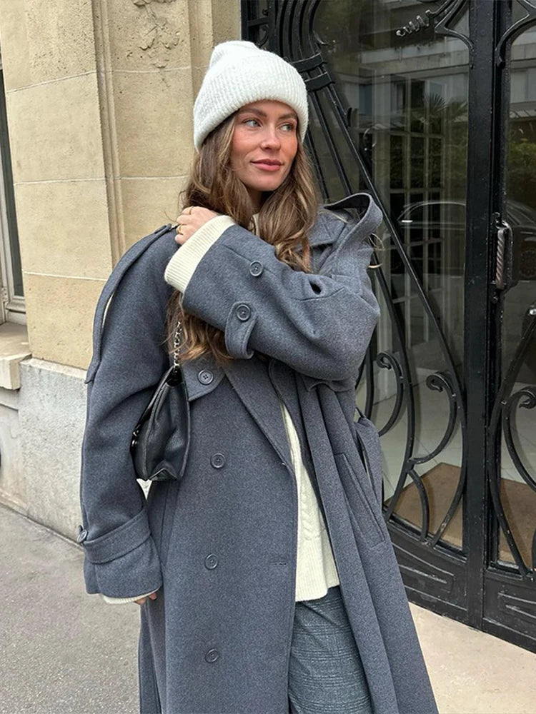Chic Lace Up Woolen Long Trench Coat Women Gray Double Breasted Lapel Full Sleeve Pocket Coats 2026 Autumn Winter Lady Outwear