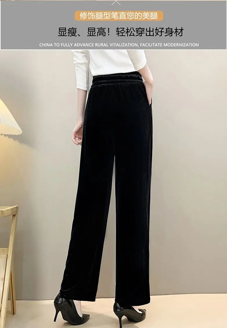 Women Drawstring High Waist Velvet Wide Leg Long Pants