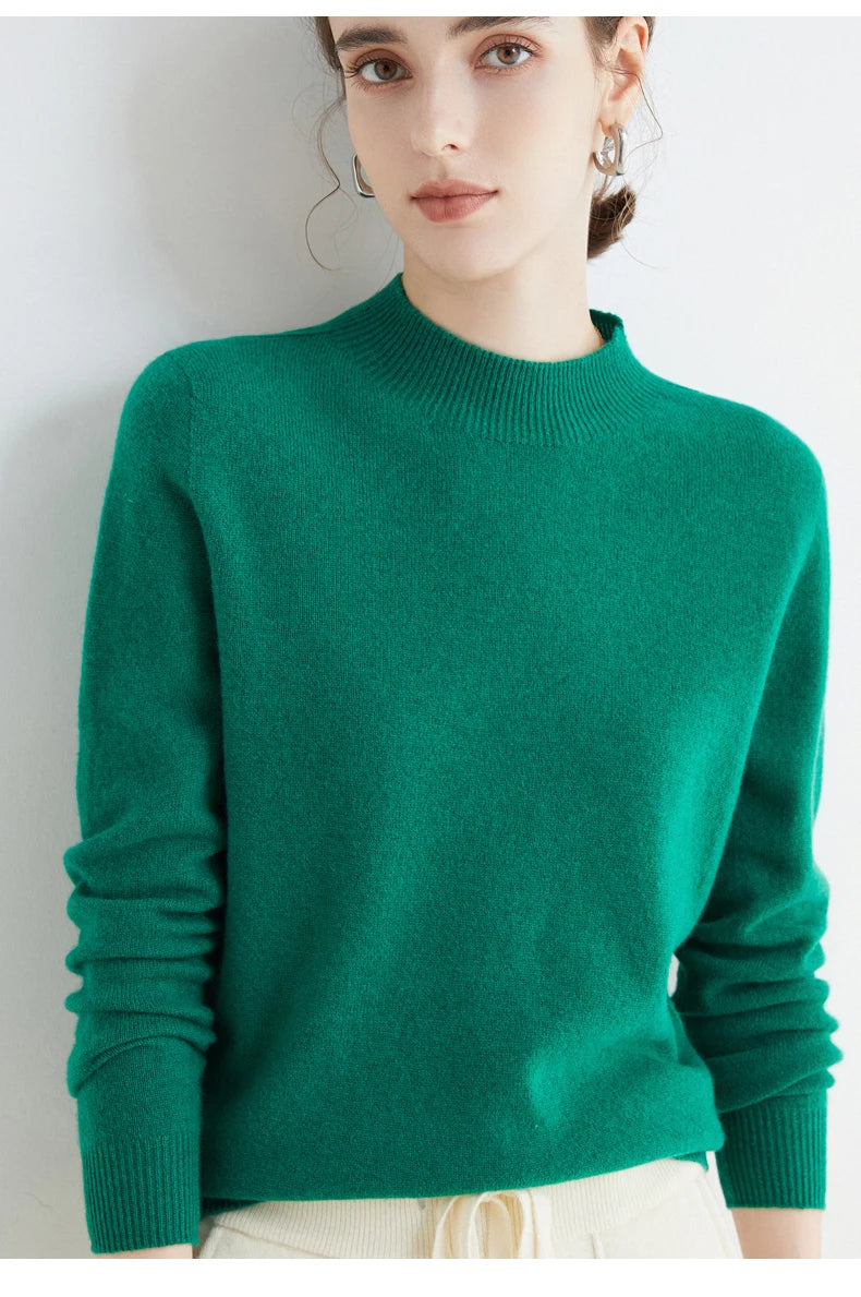 First-Line Seamless Women's Half-Turtleneck 100% Pure Wool Sweater Solid Color Long Sleeve Pullover Knitted Bottoming Sweater