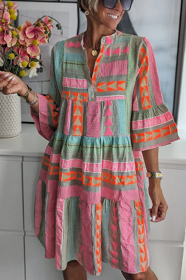 FL New Cotton and Linen Material Printed V-neck Seven Quarter Sleeve Dress Leisure Comfortable Knee-length Skirt