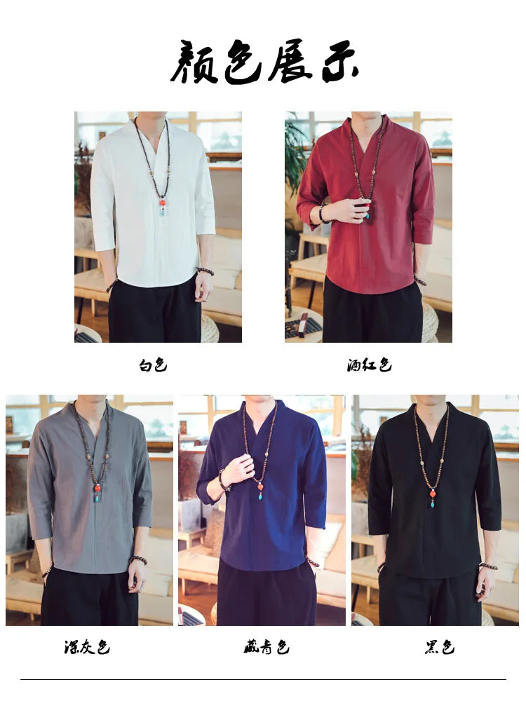 Summer Kimono Japanese Style Short Sleeve Men New Half-sleeved Cotton Linen Breathable Men Clothing T-shirt Japanese Yukata Tops