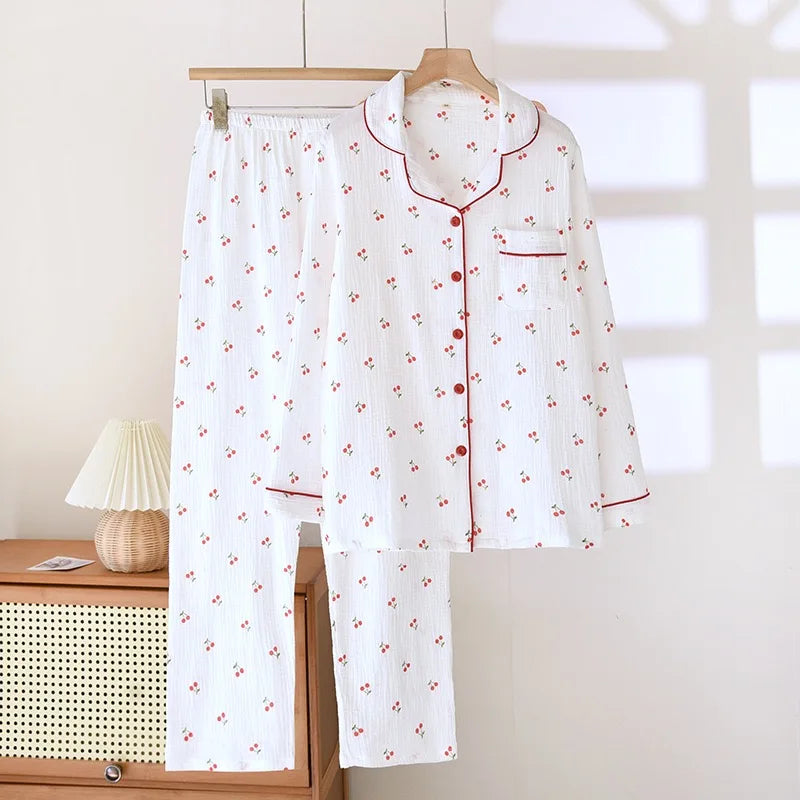 100% Cotton Women Pajamas Cherry print Pajamas Autumn Long sleeved pants Female 2 Piece Set Nightwear  Lady Pyjamas Loungewear