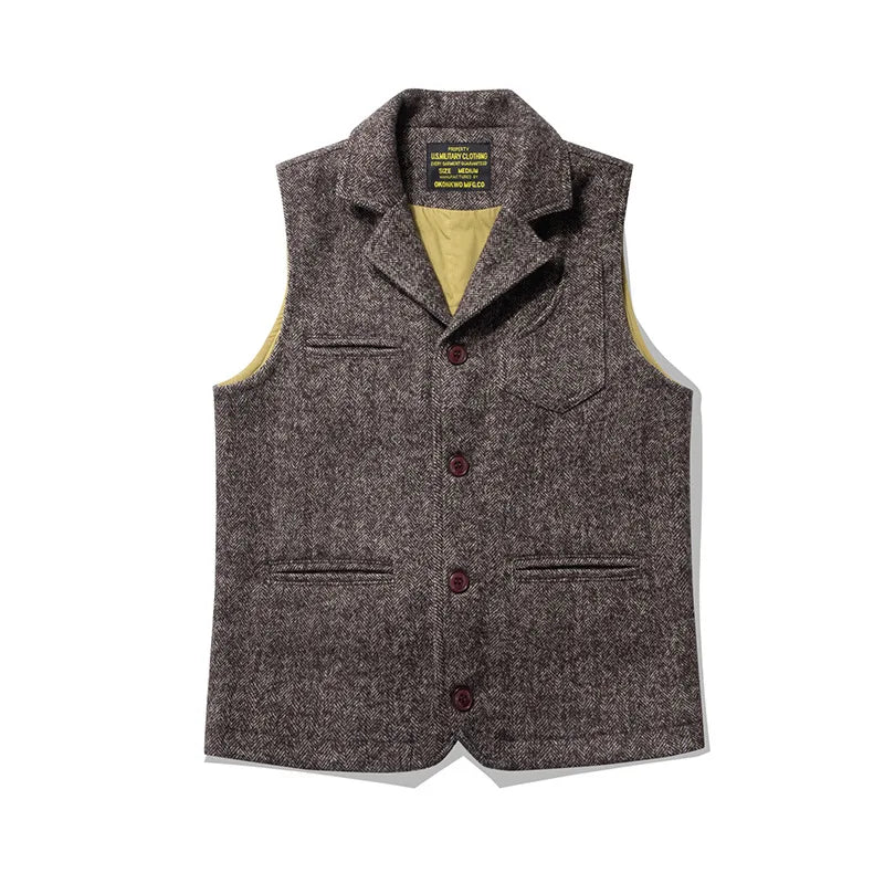Good Quality Winter Fashion Men's Retro British Tweed Wool Vest Thick Double-Layer Multi-Pocket Suit-Collar Vest Warmth Top Male