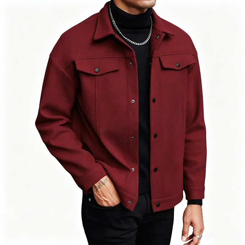 Men Loose Short Shacket Soft Brushed Fabric Autumn Winter Business Daily Casual Fake Decor Chest Flap Lapel Fashion Outer Jacket