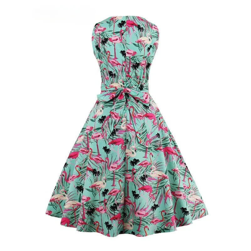 Flamingo Print High Waist Pinup Retro Dress S to 4XL 95% Cotton Women O-Neck Sleeveless Summer 50s Vintage Dresses women dress