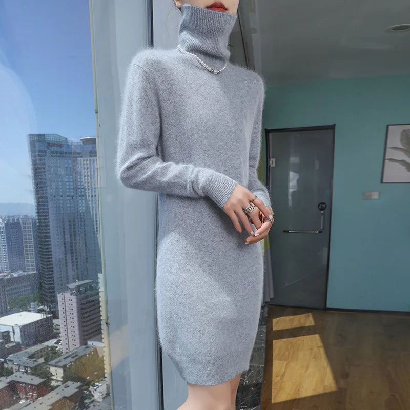 New Hot Selling 100% Mink Cashmere Knitted Women's High Neck Pullover Dress Sweater Slim Fit Solid Color Long Women's Dress