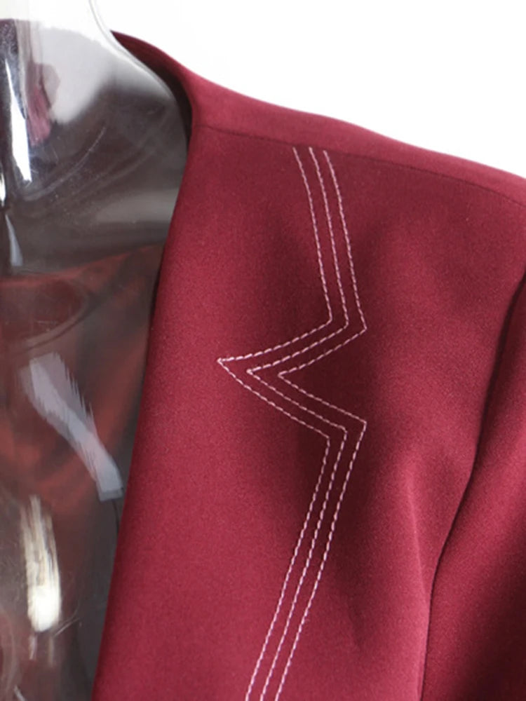 [EAM] Women Wine Red Topstitched Big Size Elegant Blazer New V-neck Long Sleeve Jacket Fashion Tide Spring Autumn 2026 1DH7919