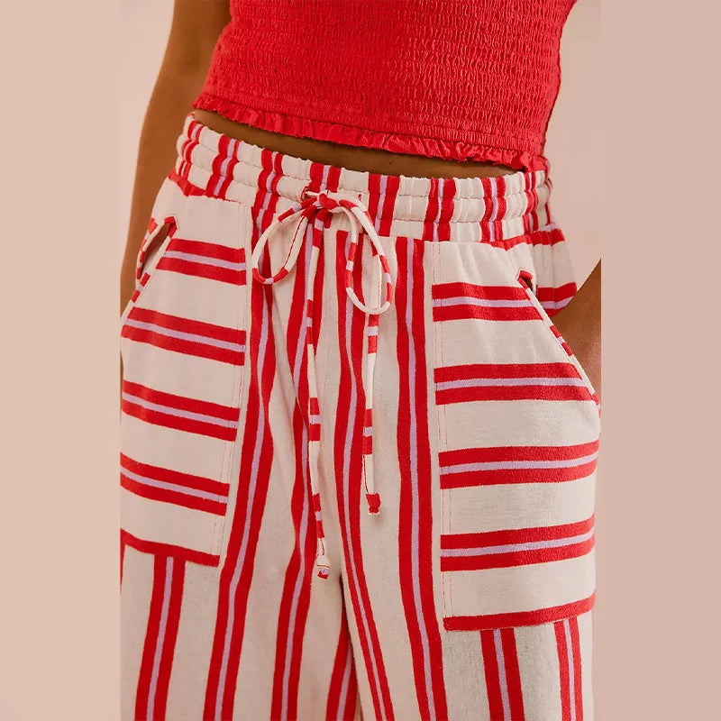 Striped Zipper High-Waisted Trousers Slim Fit Flare Leg Double Pocket 2026 Summer Casual Women Bottom Fashion Chic Lady Pants