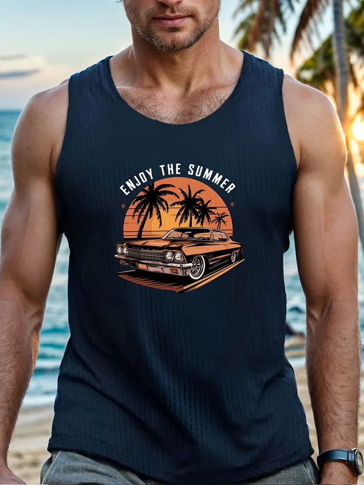 2024 Summer Outdoor Beach Men's Top Hawaiian Style Men's Tank Top Vintage Car Print Tank Top Everyday Casual Sleeveless T-shirt