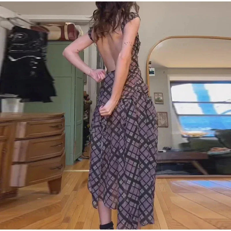 Plaid Off Shoulder Long Dress Women Chic Tie Front Cutout Ruched Asymmetric Hem Sundress 2026 Summer Lady Casual Daily Vestidos