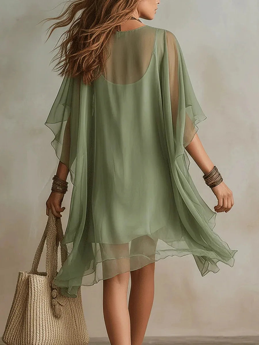 Summer 2026 Women V-neck Chiffon Dress Two-piece Set Spaghetti Strap Dress with Perspective Cover up Beach Skirt Beach Vacation