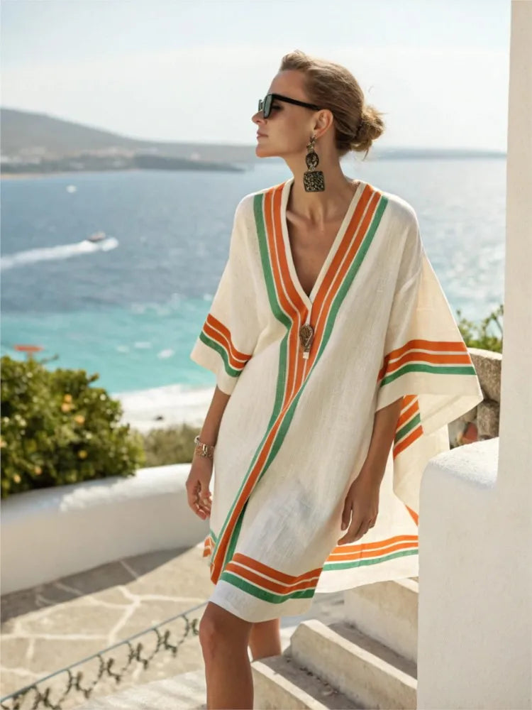 Fashion Retro Printed Short-sleeved Loose Women's Dress New Summer Style Deep V Neck Casual Seaside Vacation Female Dresses 2025