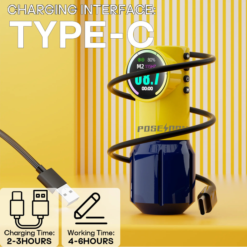 POSEIDON Cute Yellow Tattoo Machine Yellow Wirless Tattoo Pen With Powerful Custom Motor For Professional Tattoo Artist