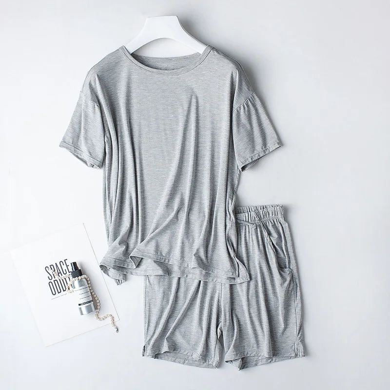 2026 Summer New Pajama Set Women's Modal Short Sleeve Shorts Two Piece Set Ladies Solid Loose Large T-shirt Homewear Women Shirt