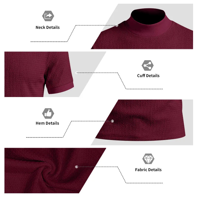 Men Summer Solid Jacquard Textured Mock Neck Short Sleeve T Shirt Slim Fit Simple Versatile Casual Daily Male Basic Tees