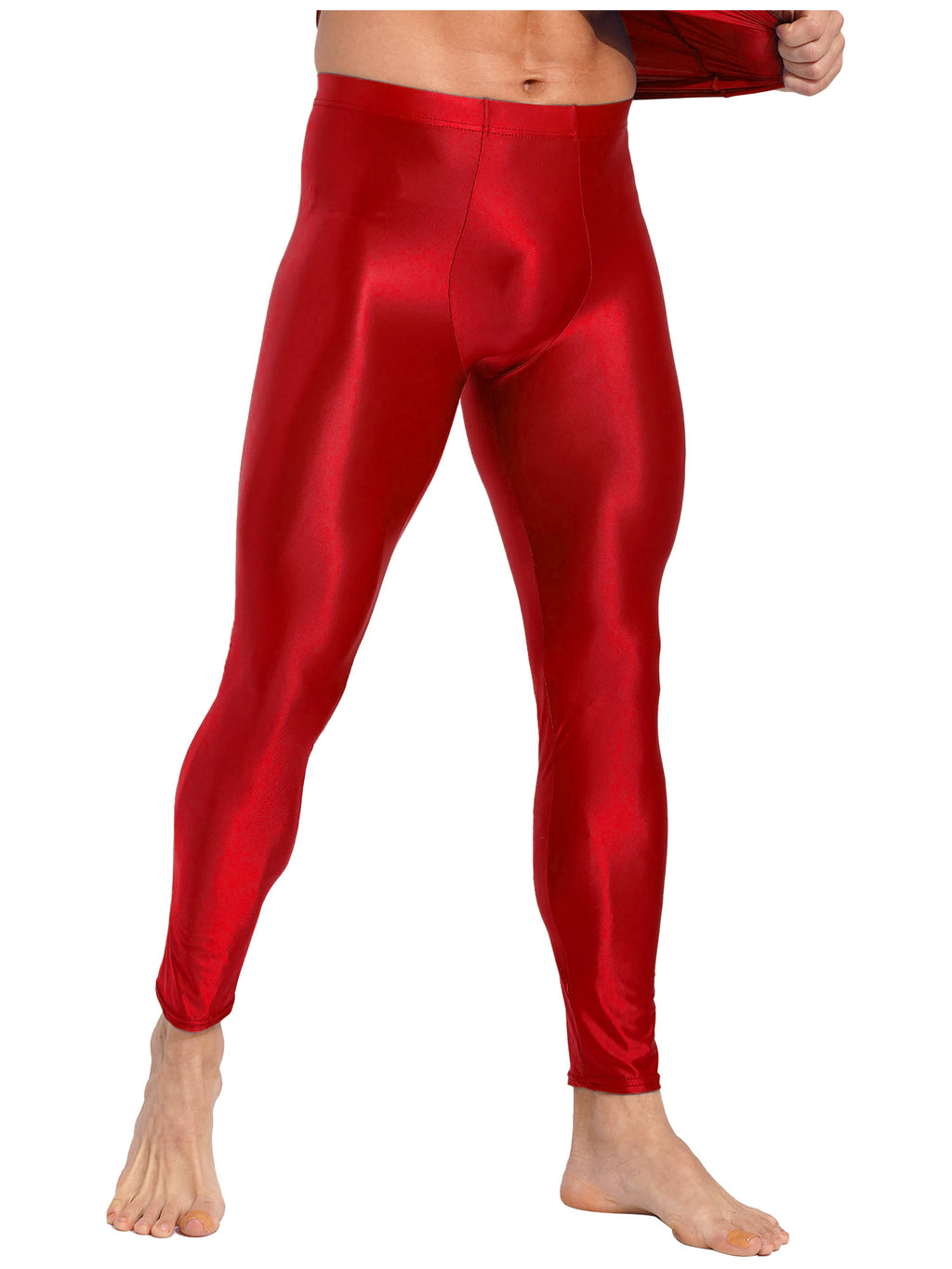 Men Elastic Waistband Skinny Shiny Yoga Tights Pants Solid Color Leggings Exercise Running Gym Fitness Training Sportswear