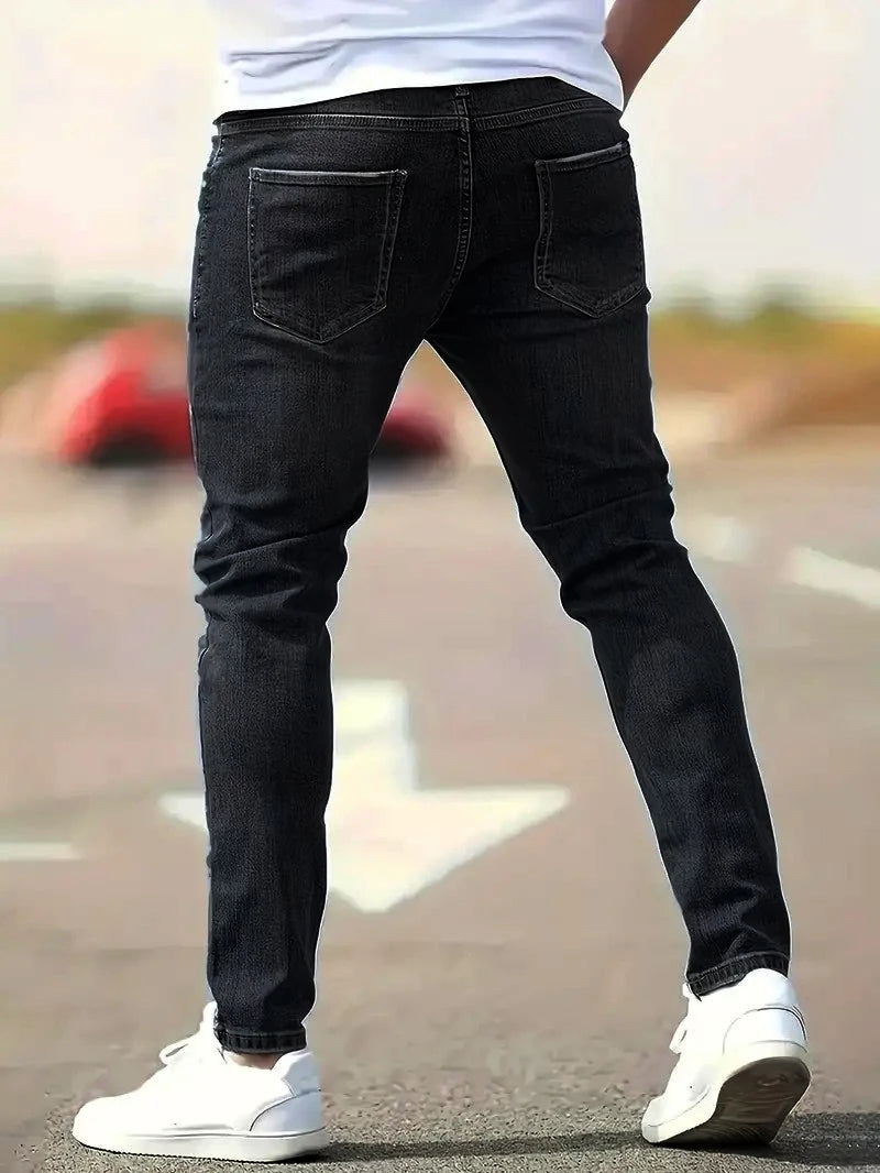 2026 Spring Men's Distressed Skinny Jeans Vintage Wash Elastic Biker Holes Casual Slim Fit Streetwear Denim Pencil Pants Joggers