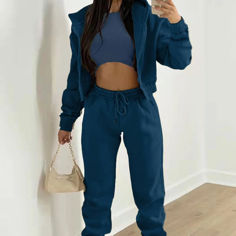 Women's Matching Hoodie 2-Piece Set Spring Long Sleeve Solid Color Drawstring Hip Hop Sport Tracksuit with Long Pants Gathering