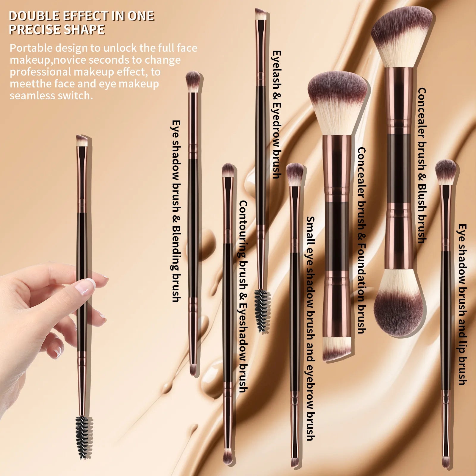 7 double-ended makeup brushes, loose powder brush, foundation brush, eyeshadow brush, eyebrow brush, soft hair beauty tool.