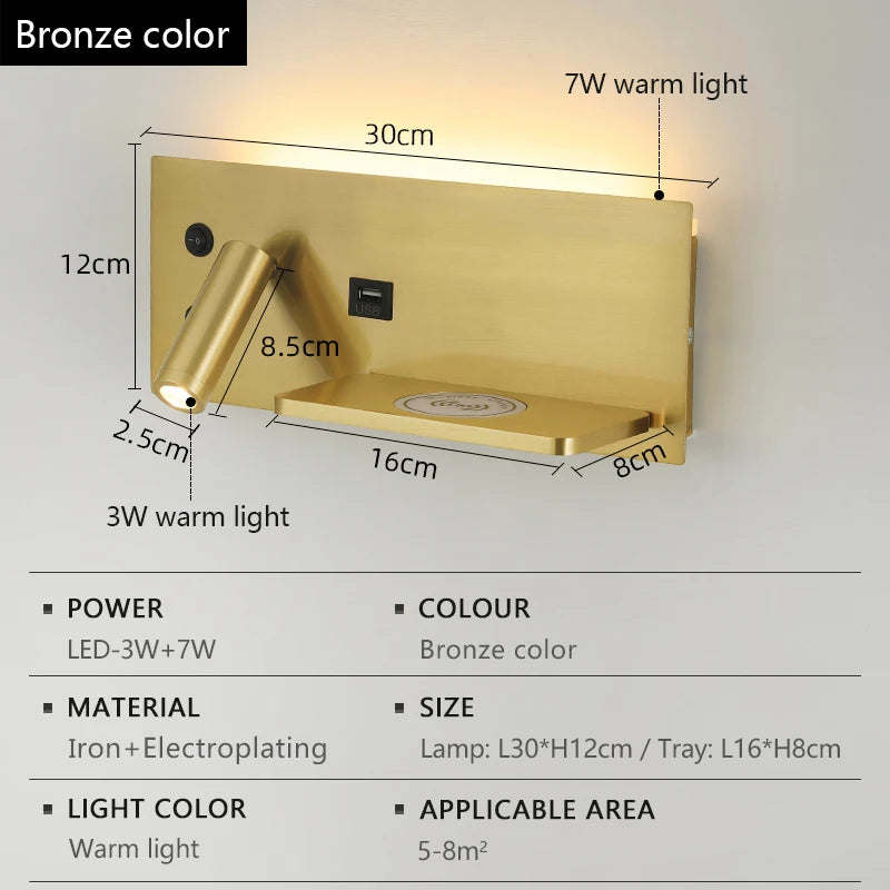 Modern LED Wall Lamp with Wireless Charger Simple Creative USB Interface Night Light Suitable for Living Room Bedroom Study