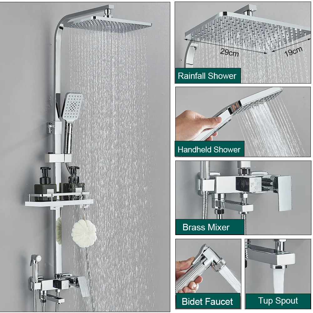 Shower Faucet Set Rainfall 3/4-ways Bathtub Tap With Bathroom Shelf Height Adjust Brass Mixer Crane Hot Cold Water Systems