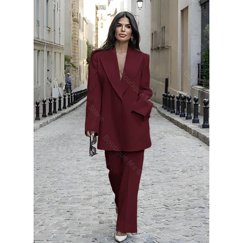 Chic Loose White Single Breasted Women Pants Set New Female Two Pieces(Blazer+Trousers) conjuntos femininos elegantes
