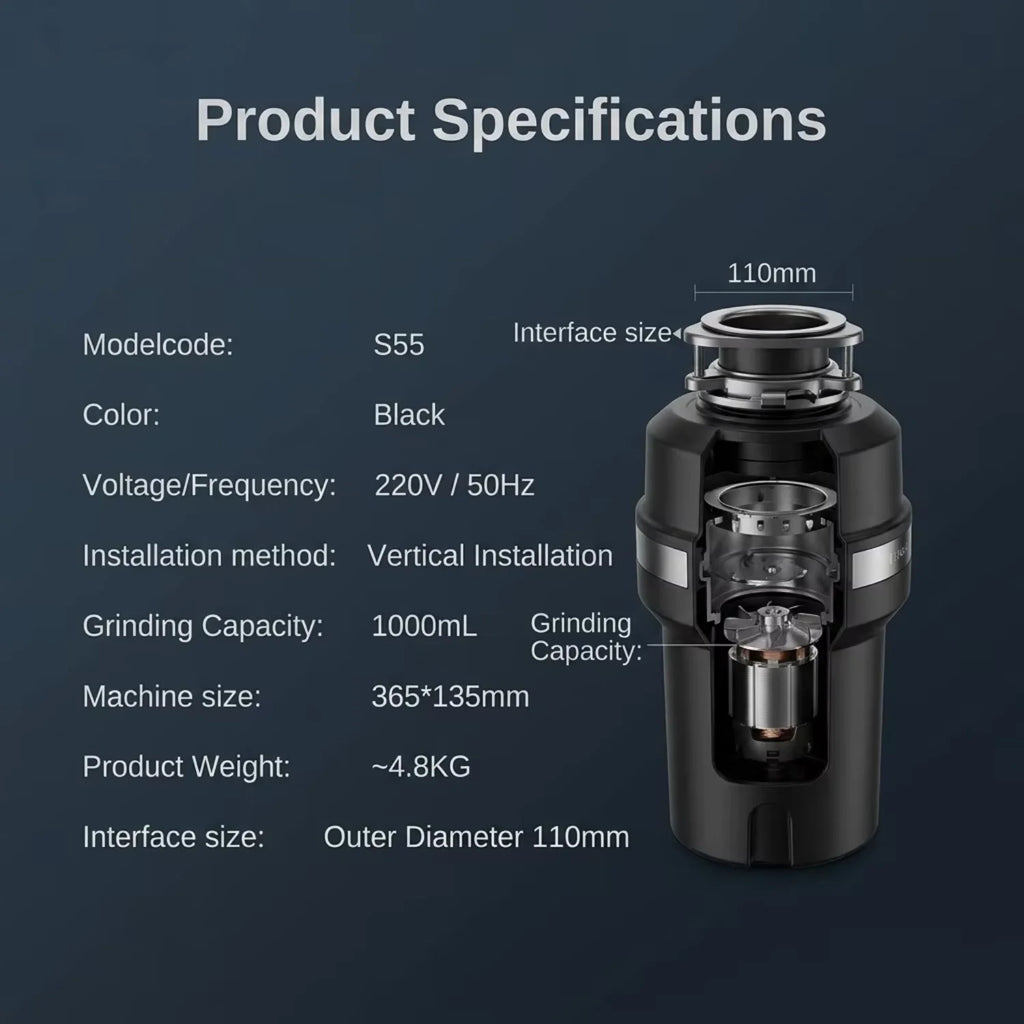 Airo Electric Compact 0.5 HP Continuous Kitchen Garbage Disposal Economic Silent Food Waste Disposer Stainless Steel Home