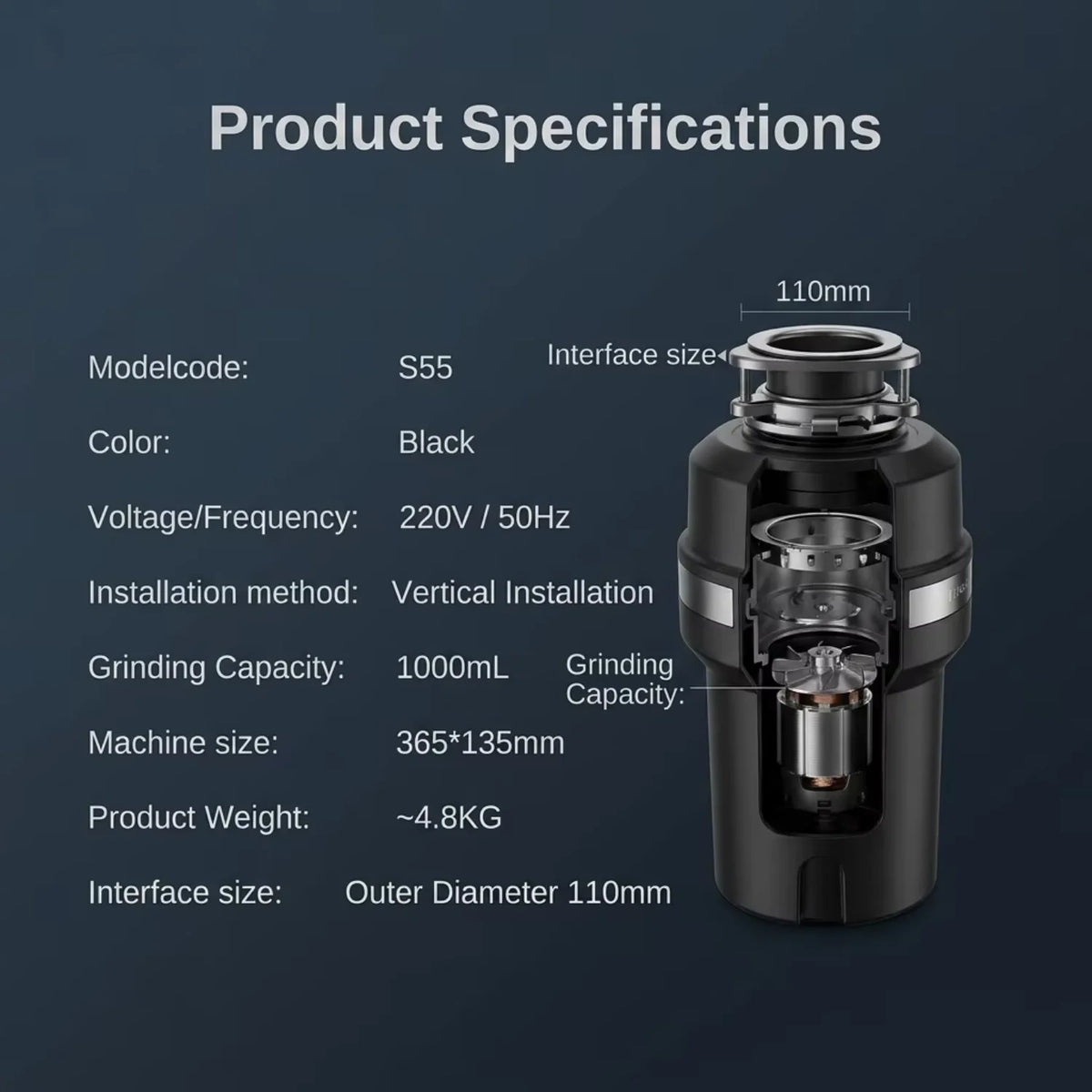 Airo Electric Compact 0.5 HP Continuous Kitchen Garbage Disposal Economic Silent Food Waste Disposer Stainless Steel Home