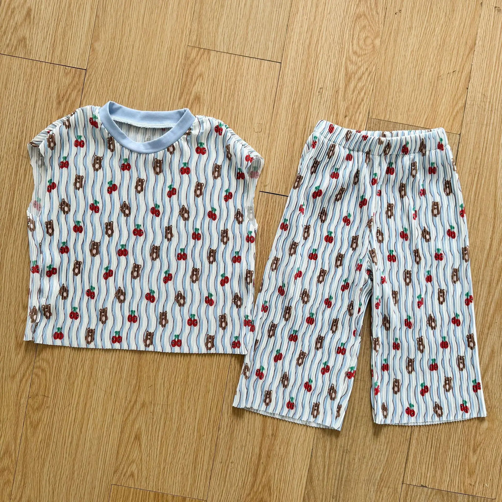 2026 New Infants Kids Matching Clothing Set Cartoon Print Pleated 2 Pieces Suit Tank Top Trousers Soft Loose Streetwear Homewear