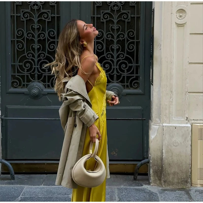 Chic Solid Lace Patchwork Satin Dress Fashion Sleeveless Off-shoulder Sling Maxi Dresses Party Daily Outdoor Casual Attire 2026