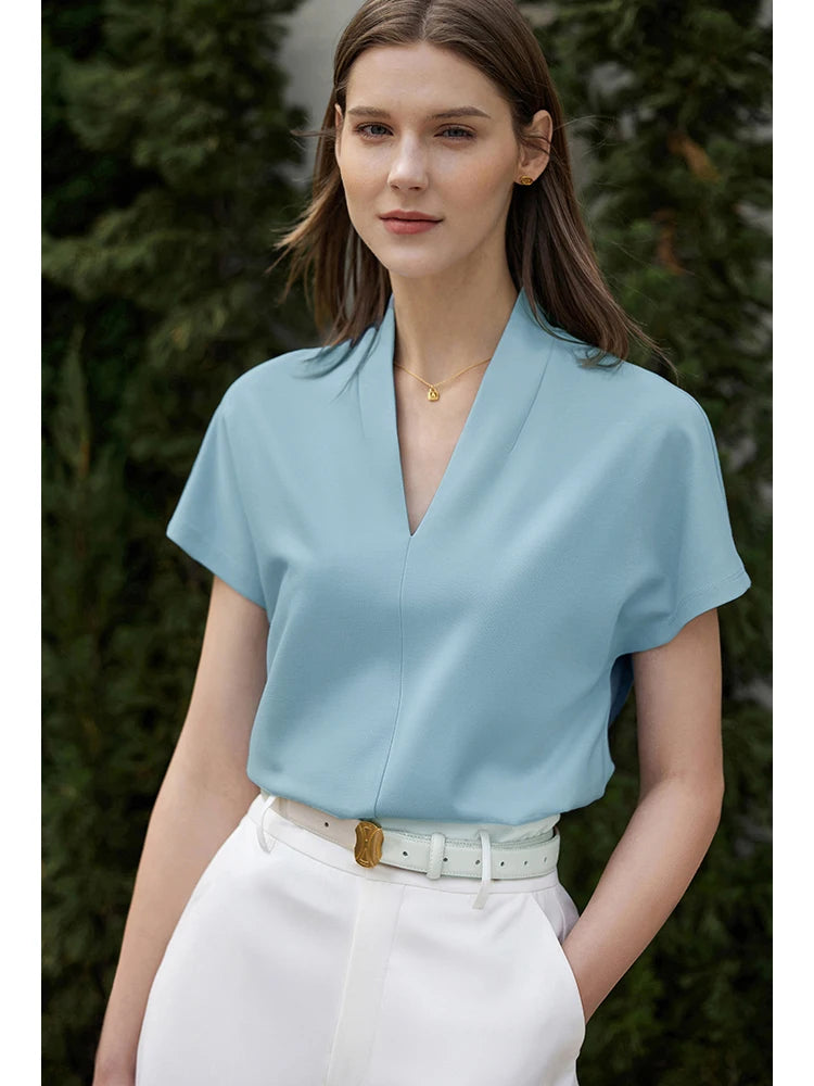 AMII Minimalism 2026 Summer Women's T-shirt Classic Style Casual V-neck Short Sleeve Solid Stretch Female Tops & Tees 12312013