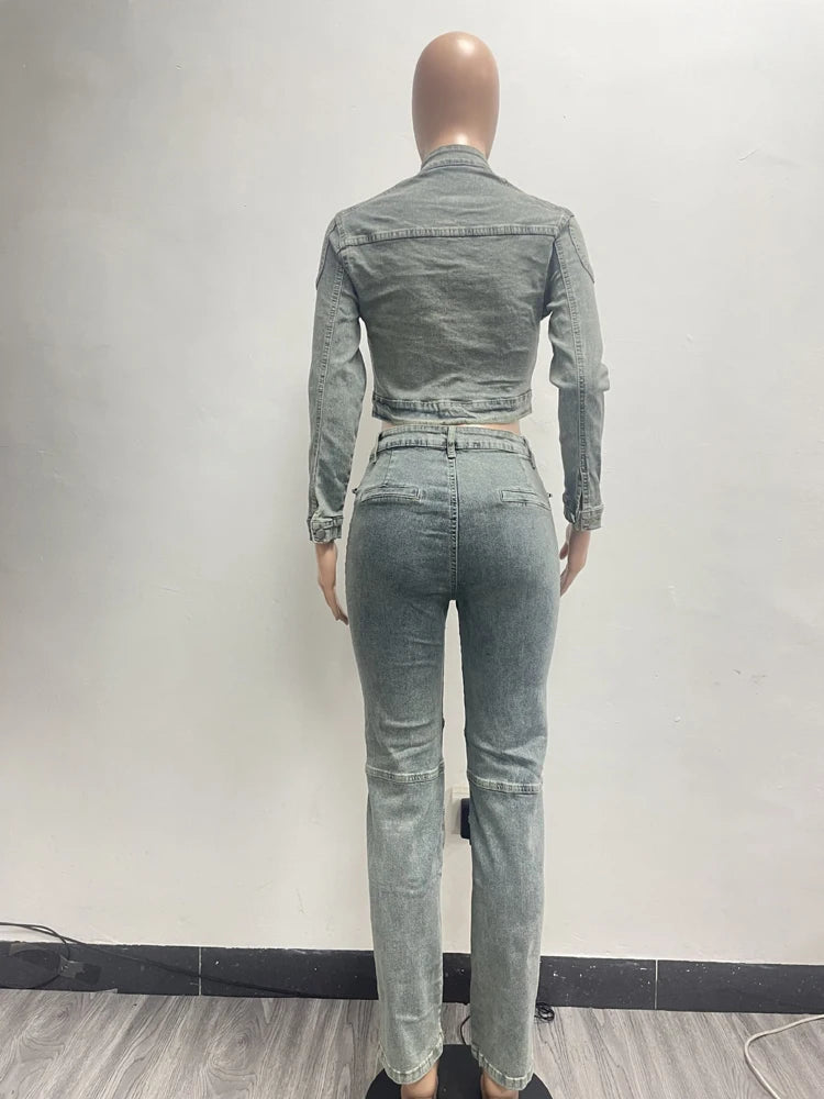 Sexy Denim Women Sets Vintage Wash Stretch Moto Jacket and Skinny Jeans Suit 2025 Fall Streetwear 2 Two Piece Set Outfits