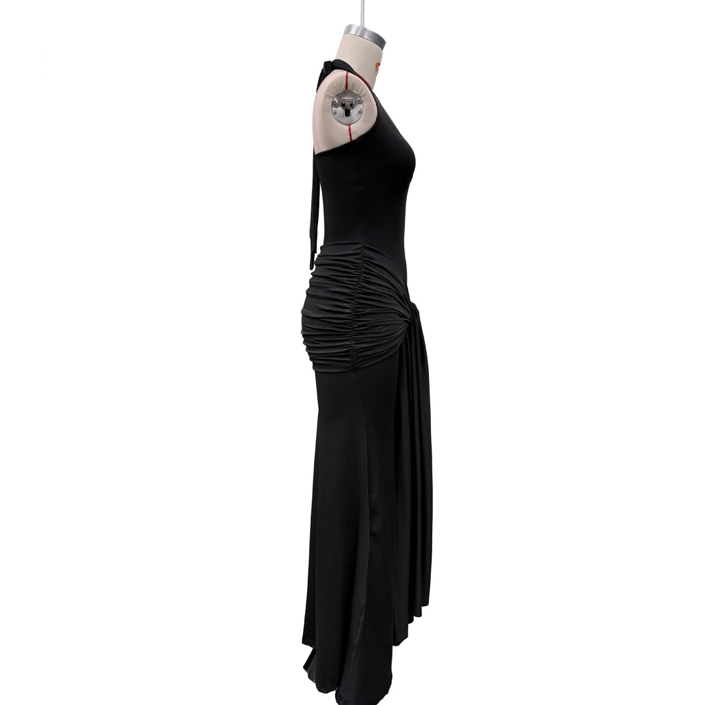 Stylish Lady Elegant Halter Neck Maxi Dress 2026 Summer Women White U-Neck Ruched Draped Sleeveless Bodycon Formal Party Dress
