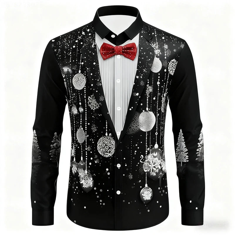 Red Christmas Shirts For Man Snowflake Bow Tie Christmas Shirt Long Sleeve Fashion Holiday Gift Shirt Oversized Mens Clothing