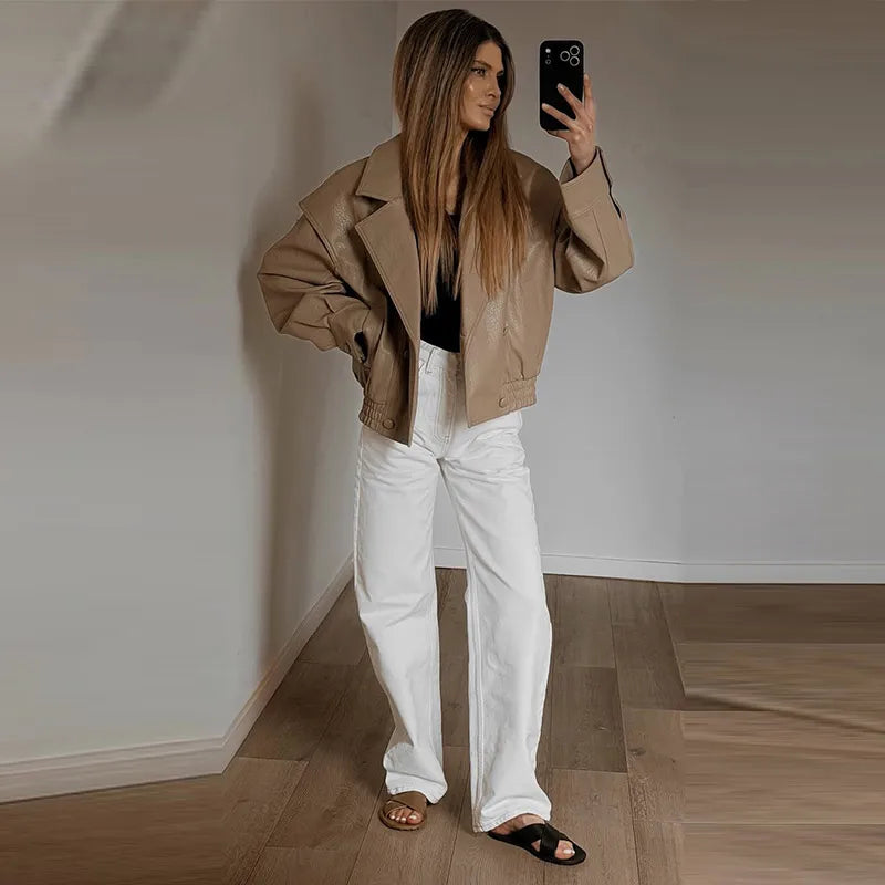 High Street Leather Jackets Women's Casual Double-breasted Turn Down Collar Loose Coats Elastic Waist 2026 Autumn New Outwear