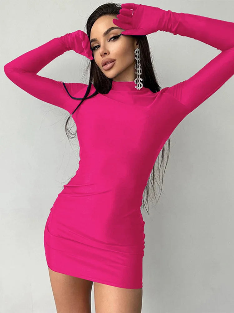 Solid Long Sleeve Mini Dress with Gloves Sexy Streetwear Party Outfit Half Turtleneck Bodycon Y2K Style Wholesale