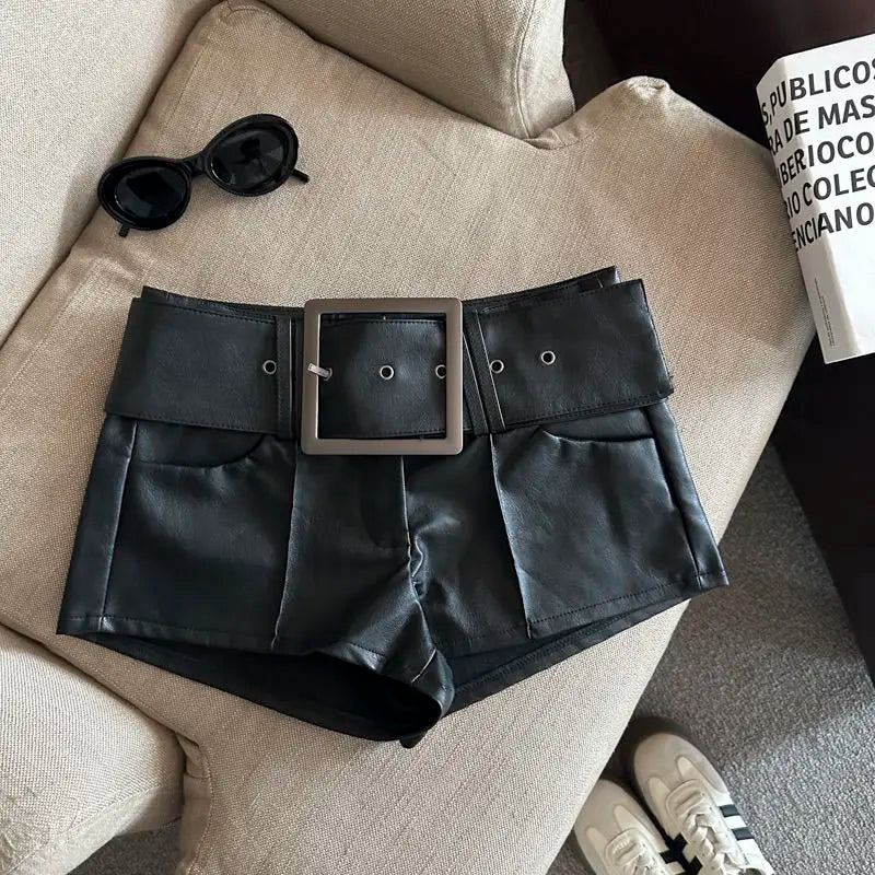 New 2026 Fashion Design Wide Belt PU Leather Shorts Women's Casual Booty Shorts