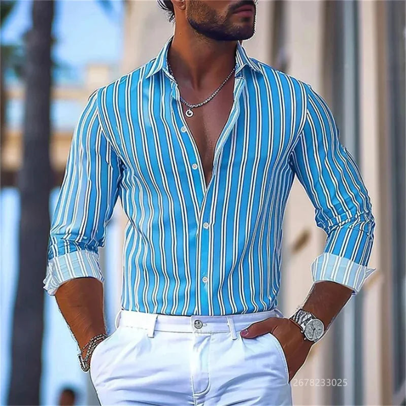 15 colors men's striped long-sleeved shirts, business office men's tops, spring and autumn lapel shirts, high-quality shirts