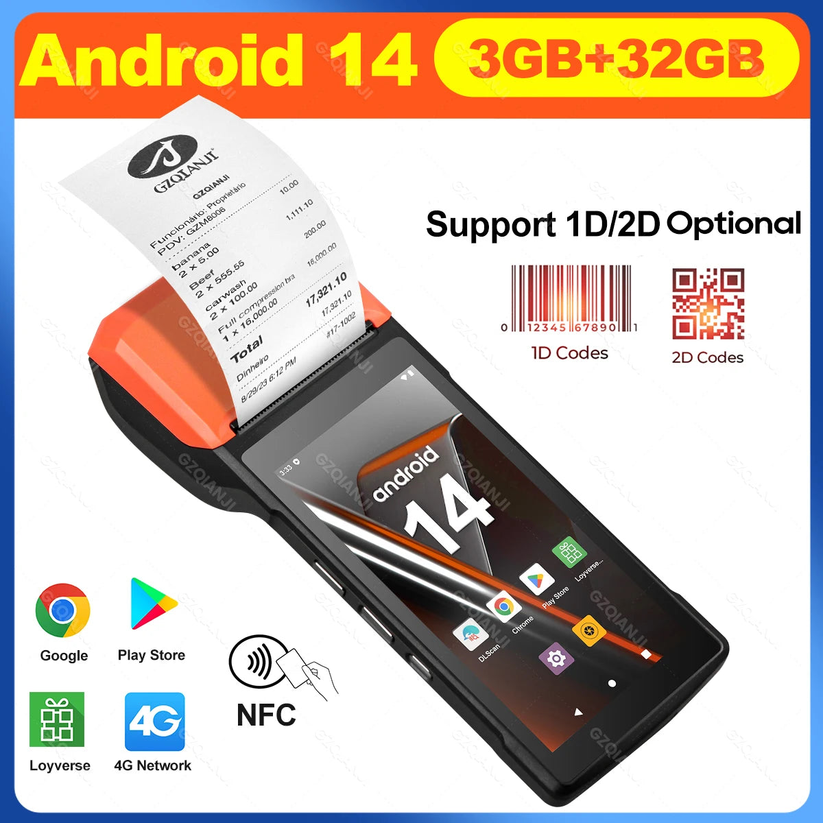 4G Android 14 Upgrade POS Terminal with NFC Handheld Thermal 58mm POS Printer 1D 2D Barcode Scanner All in One for Business